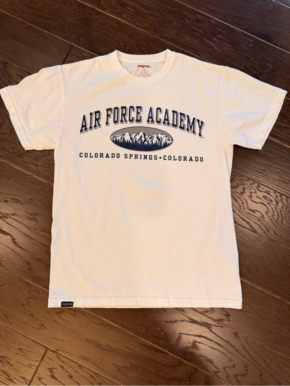 Jansport White Tee with Navy Block Lettering